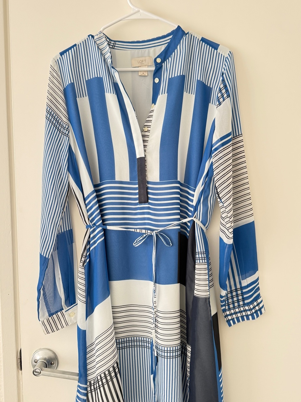 LOFT Blue & White Striped Tie-Waist Tunic Dress